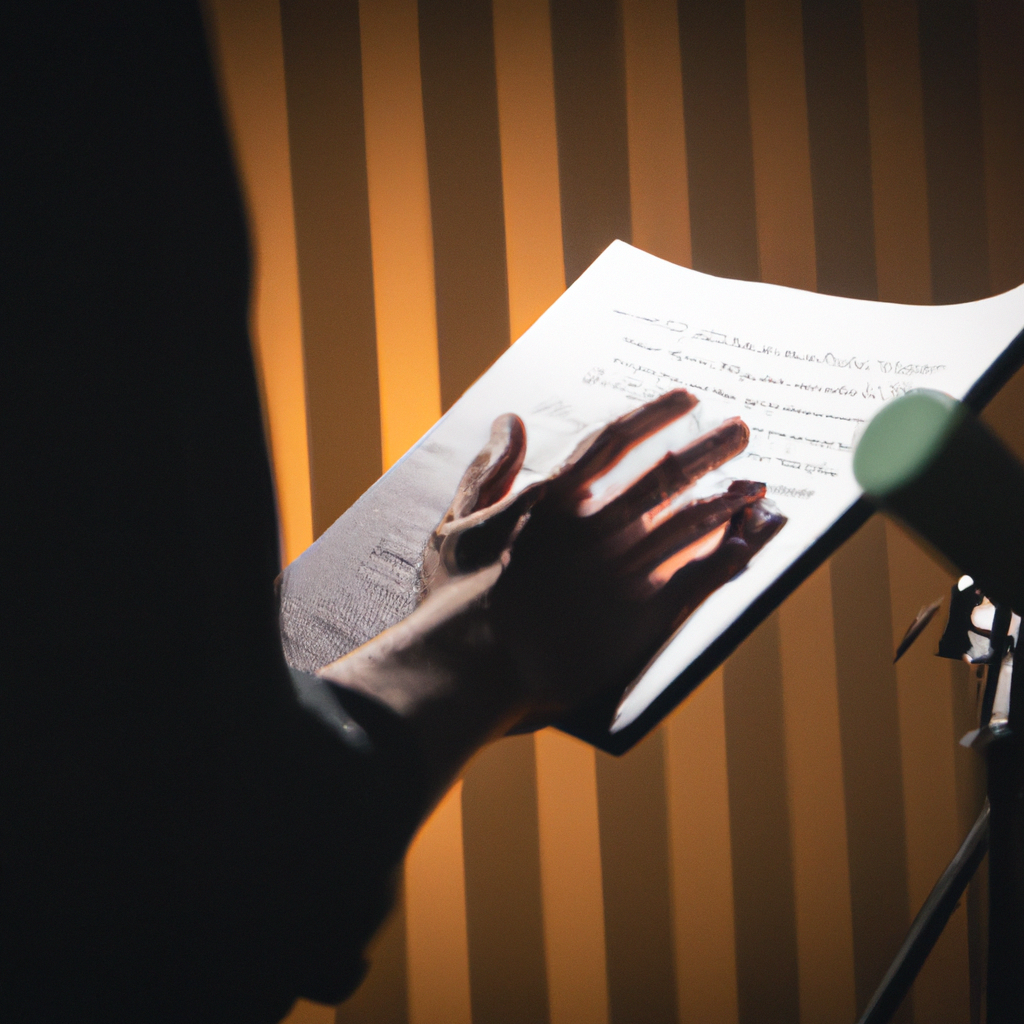 Comédien voix off lisant un script sur pupitre, gros plan